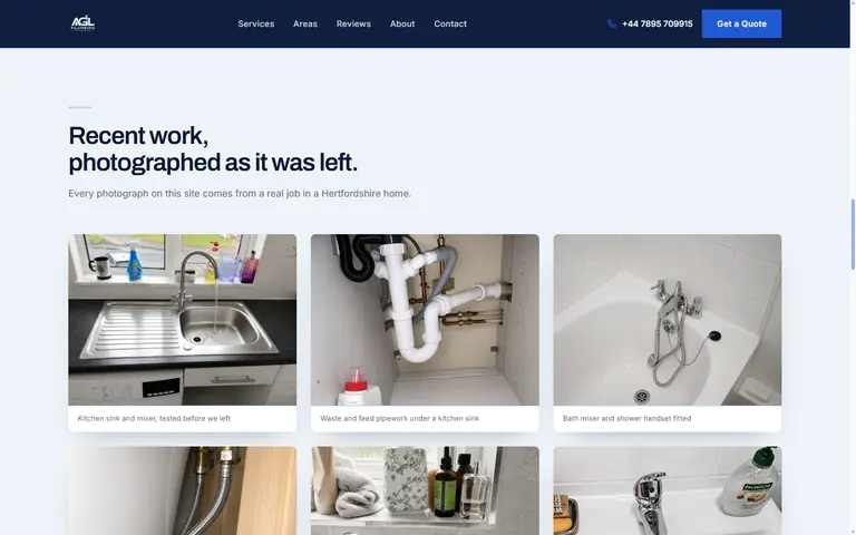 The recent work gallery on the AGL Plumbing Services site, photographs of finished kitchen and bathroom jobs