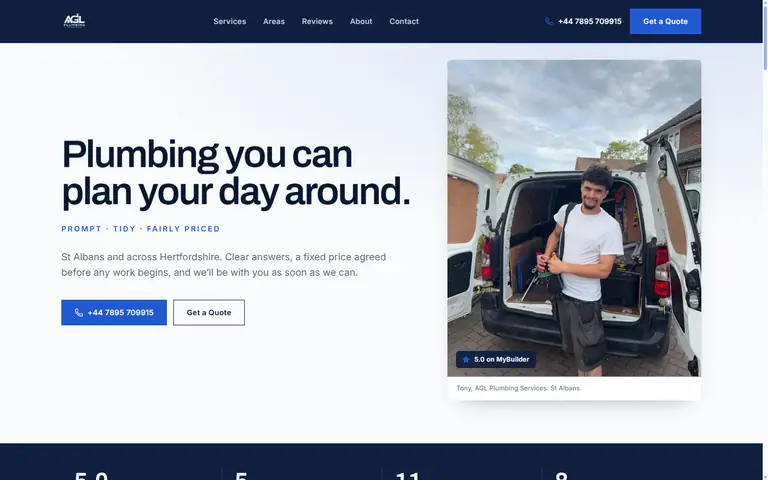 The AGL Plumbing Services homepage, headed Plumbing you can plan your day around