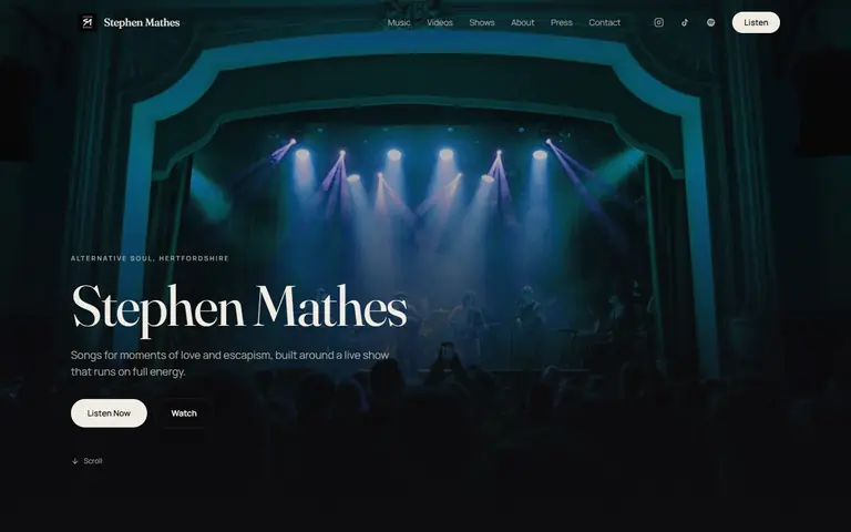 The stephenmathes.com homepage, a band on a theatre stage under blue and violet lights