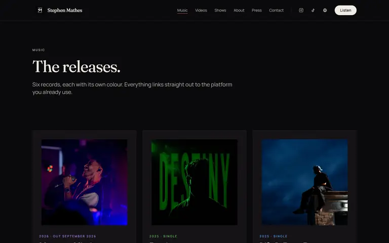 The music page of stephenmathes.com, each release card in its own colour