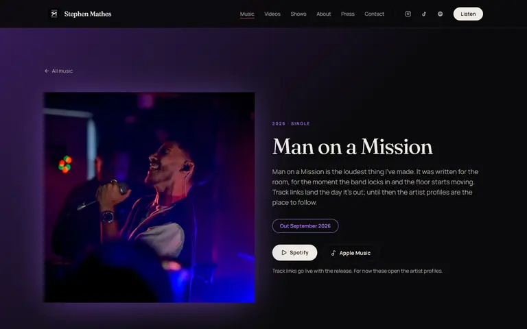 The Man on a Mission release page on stephenmathes.com, a live photograph in purple light