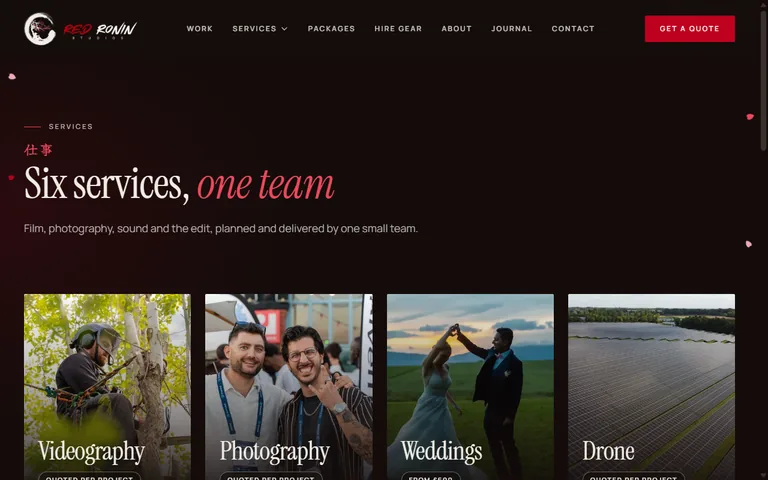 The services page of redroninstudios.com, headed Six services, one team, over photographs of each