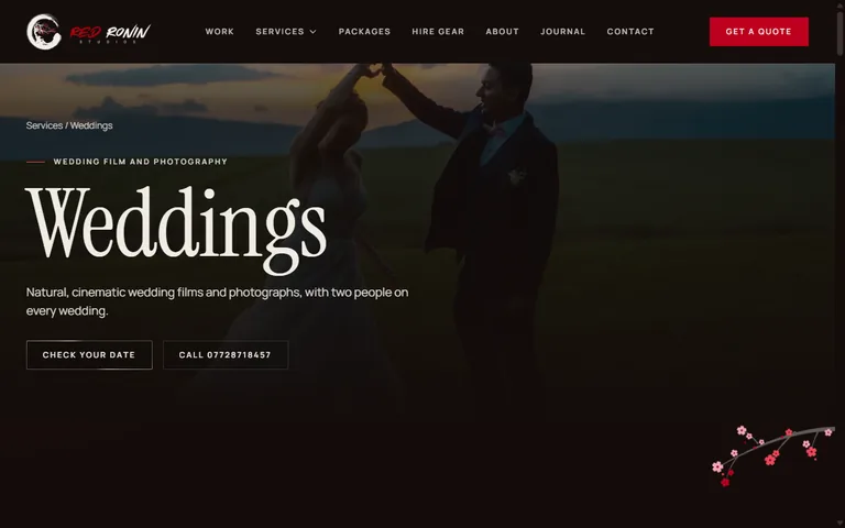 The weddings page of redroninstudios.com, a couple dancing in a field at sunset