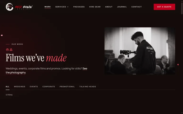 The work page of redroninstudios.com, headed Films we've made, beside a photograph of a cameraman at a conference