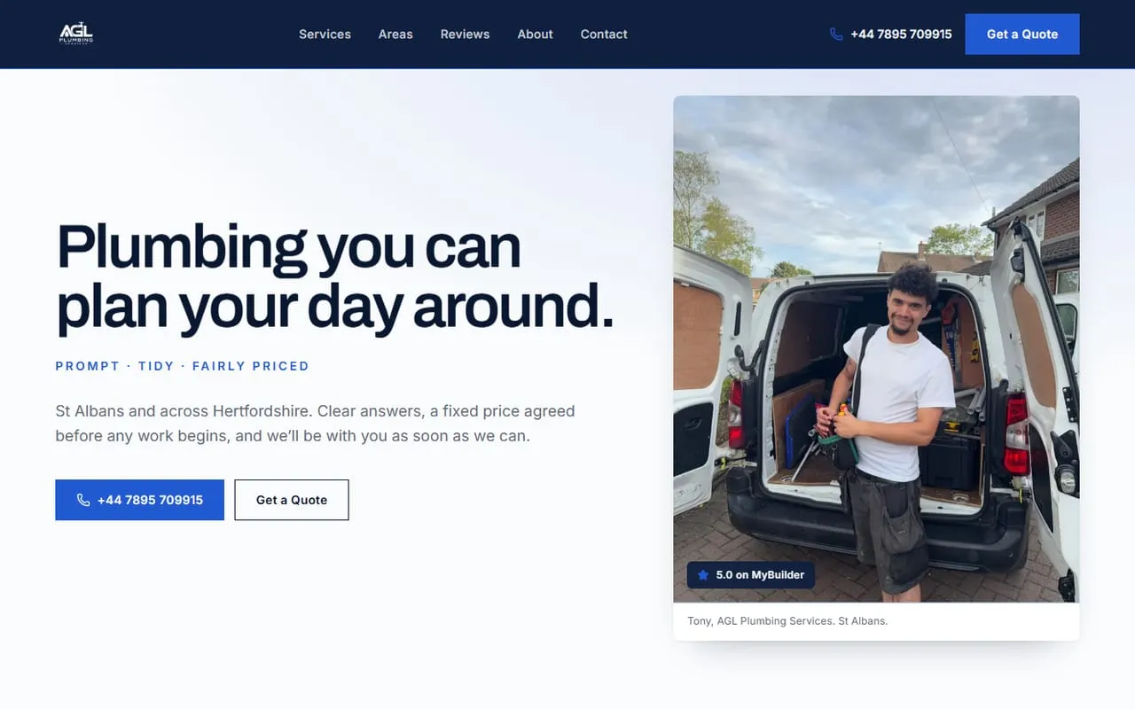 Homepage of the AGL Plumbing Services website shown on a laptop screen, a plumbing / heating site designed and built by KORCO