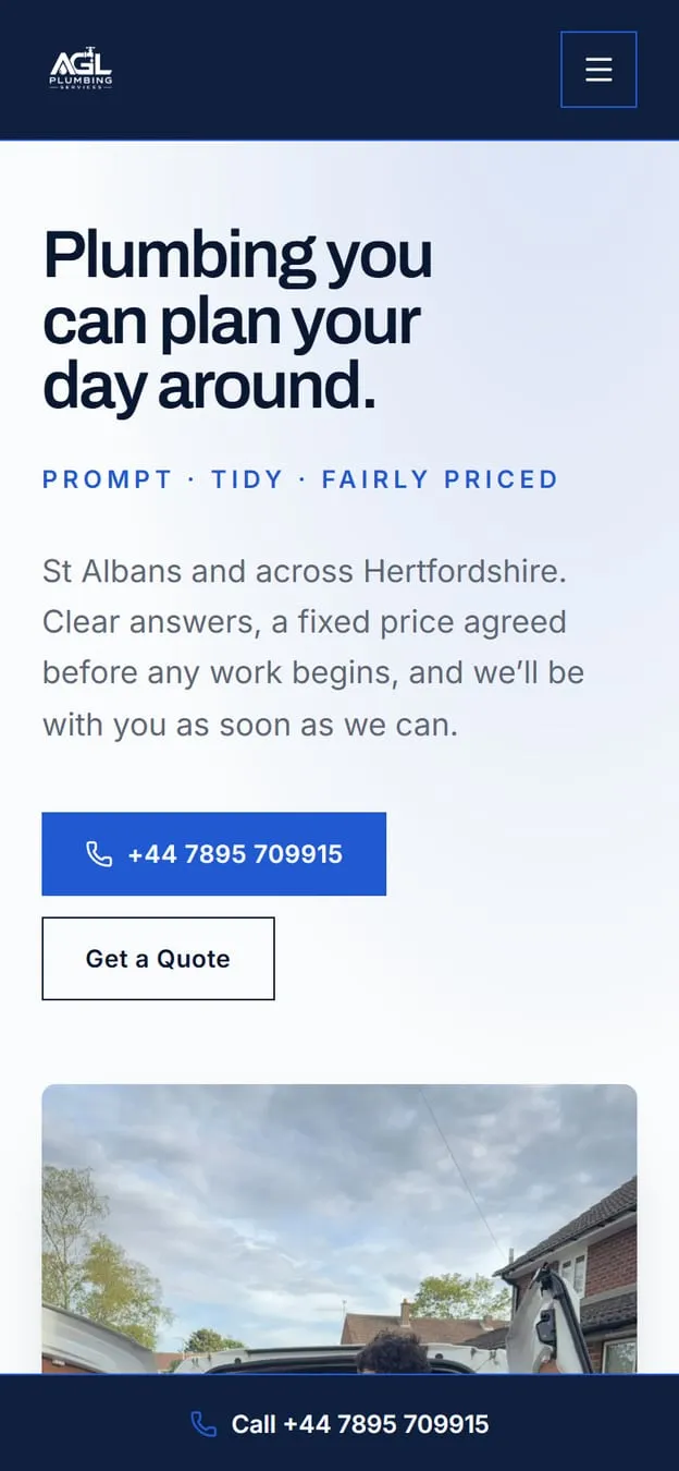 Homepage of the AGL Plumbing Services website shown on a smartphone screen, a plumbing / heating site designed and built by KORCO