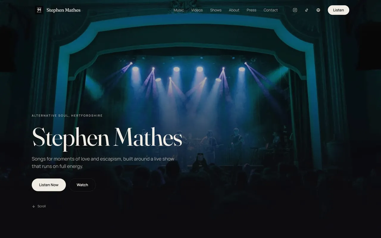 Homepage of the Stephen Mathes website shown on a laptop screen, a musician / artist site designed and built by KORCO