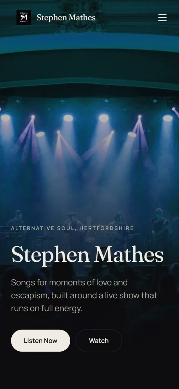Homepage of the Stephen Mathes website shown on a smartphone screen, a musician / artist site designed and built by KORCO