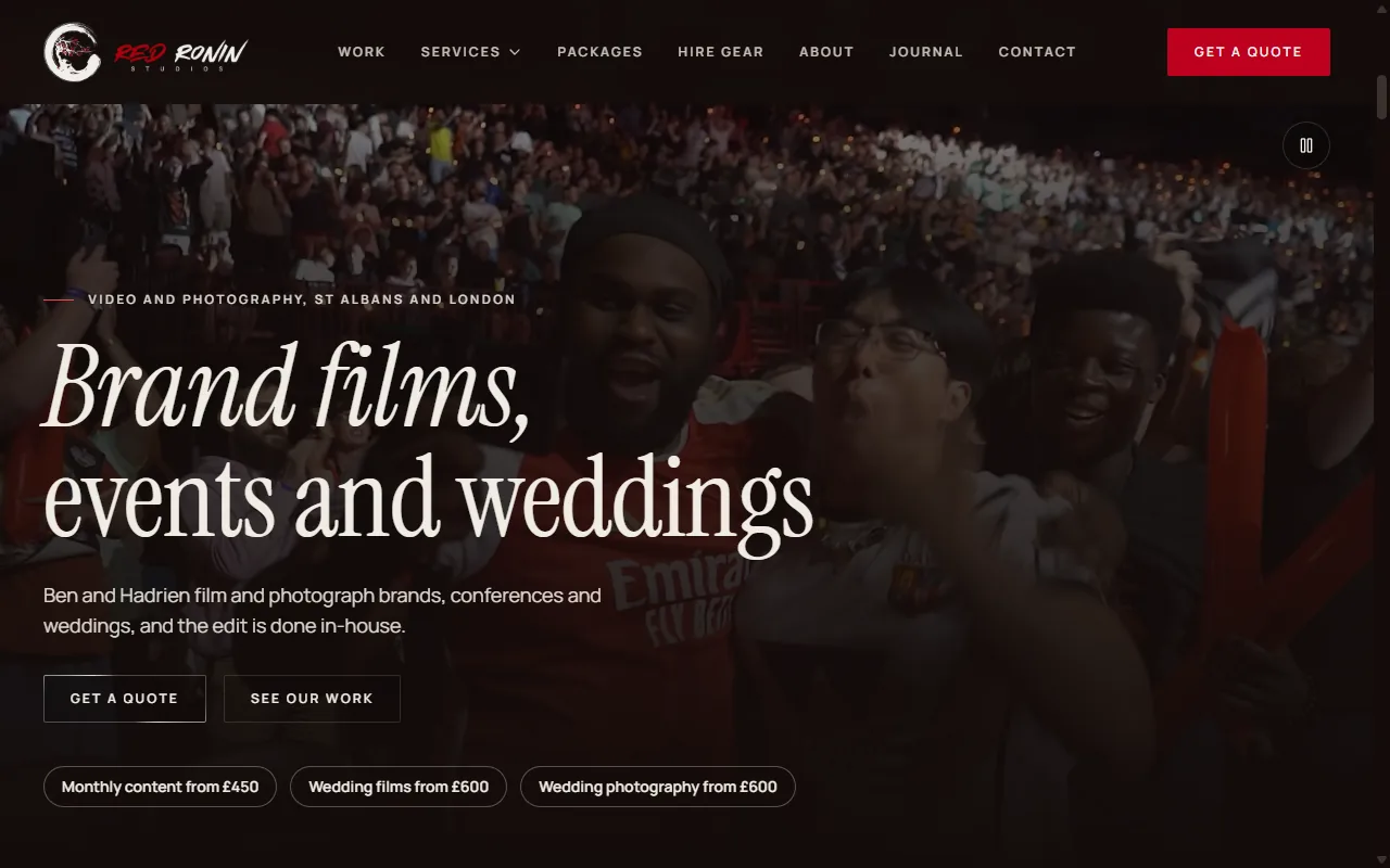 Homepage of the Red Ronin Studios website shown on a laptop screen, a film / photography site designed and built by KORCO